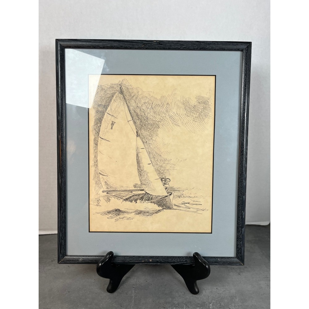 VTG 1979 Jim Hall Sailboat Ink Drawing Signed Framed Nautical Art 13.25 x 11.25"